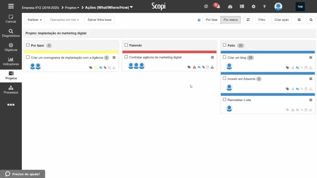 Quadro Kanban de ações de um projeto no Scopi, com as colunas Por fazer, Fazendo e Feito