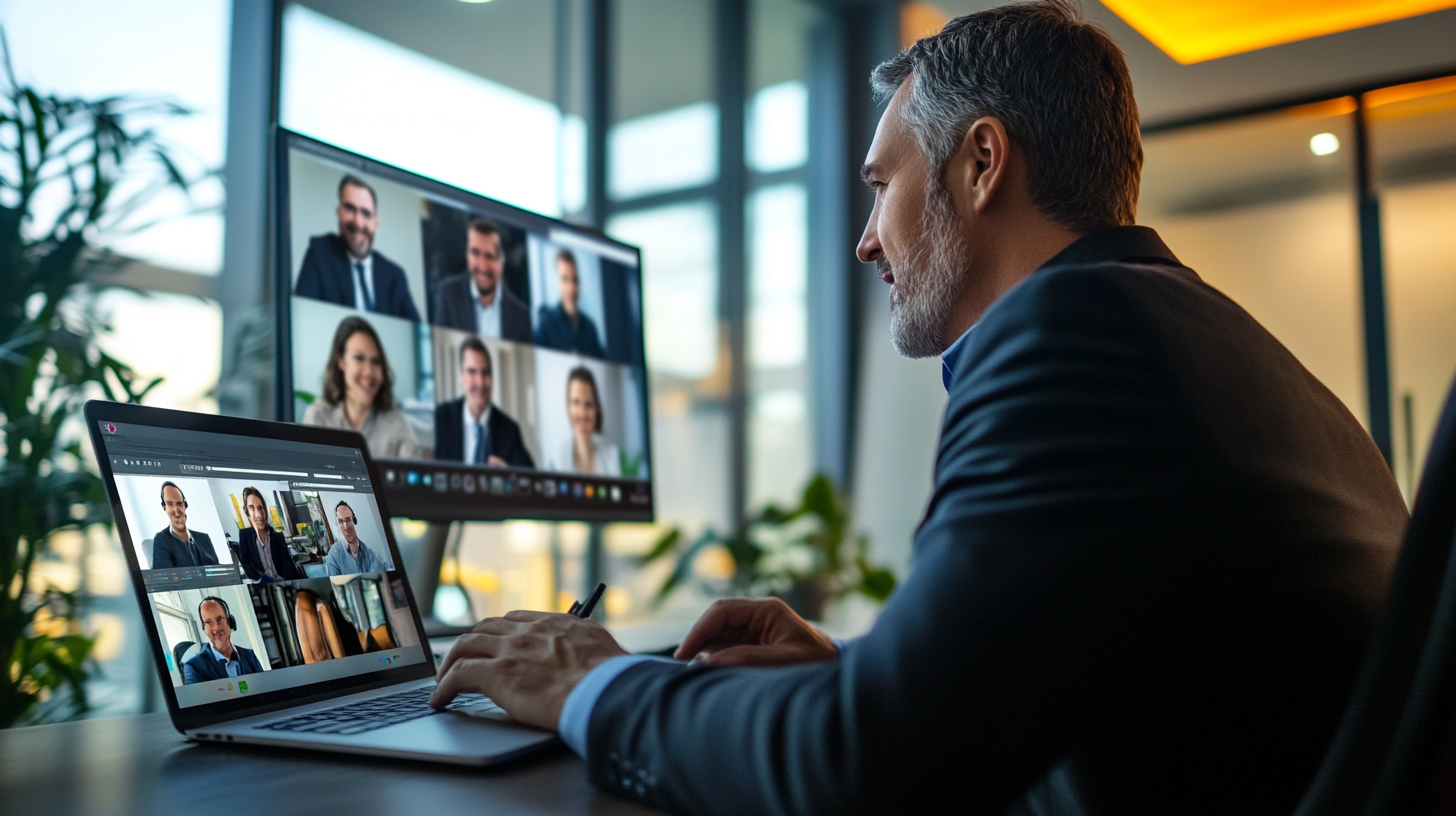 Homem na frente de computador em reunião com sua equipe representando liderança em times remotos, simbolizando colaboração e trabalho ágil.
