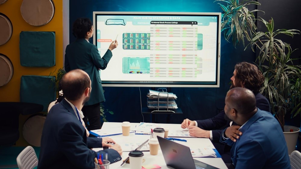 Grupo usando um dashboard para reuniões durante a apresentação.