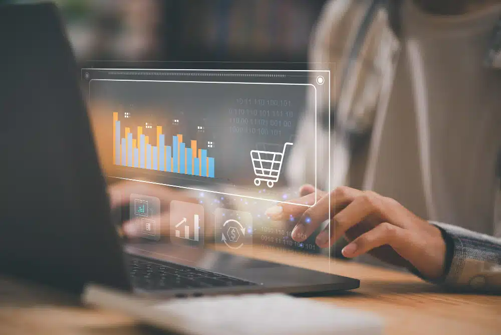 Indicadores para e-commerce exibidos em gráfico digital no notebook.