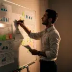 Profissional analisando dados em quadro branco, ilustrando o papel do PMO.