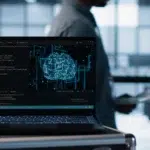 Computador exibindo código e visualização de machine learning, com foco em inteligência artificial.