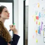 Profissional refletindo sobre gráficos e estratégias de gestão de metas em um ambiente de trabalho.