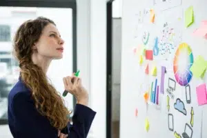 Profissional refletindo sobre gráficos e estratégias de gestão de metas em um ambiente de trabalho.